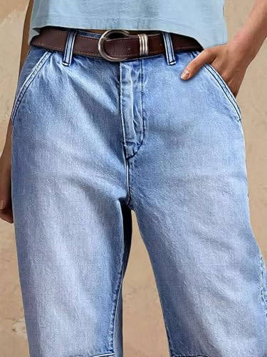 Flamingals Straight Leg Cropped Jeans for Women Barrel Casual Mid Rise Wash Stitch Detail Denim Jeans Without Belt4