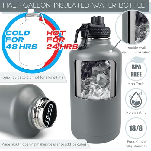 Image of 64 Oz Water Bottle with Sleeve - Half Gallon Insulated Water Jug with Handle - Stainless Steel Sports Bottle for Gym Workout Hiking Glacier Grey