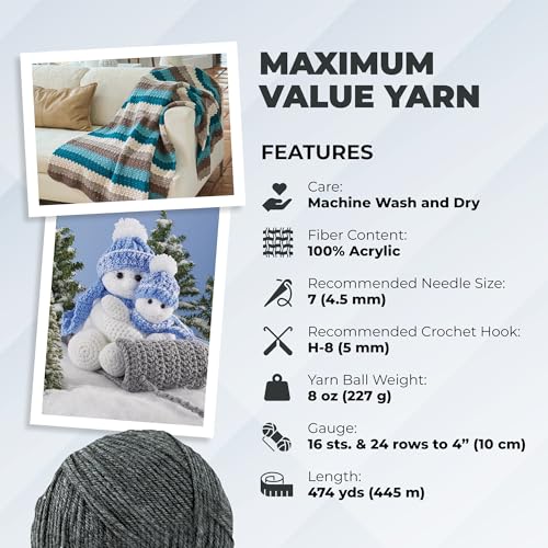 Image of Mary Maxim Maximum Value Acrylic Yarn for Crocheting and Knitting, Soft Worsted Weight Grey Yarn 4, Ideal for Blankets, Sweaters, Hats, and Scarves, 8 oz Skein (474 Yds), Dark Grey - 1 Skein