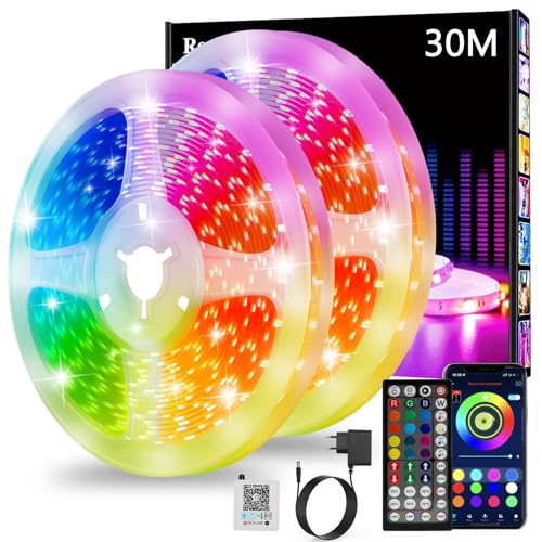 Realky Striscia LED 30M, Luci LED Cambia Colore, APP Bluetooth e Telecomando a 44 tasti, Sincronizzazione musica e timer, Decorazione strisce LED per camera da Letto, Feste (15M*2)