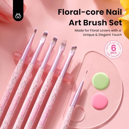 Image of Beetles Gel Polish Nail Art Brushes Set, 6 Pcs Fingernail Art Design Pen, Floral Pattern Handle, Gradient Bristles Nail Brush Set DIY with Palette Dotting Manicure Tool Kit
