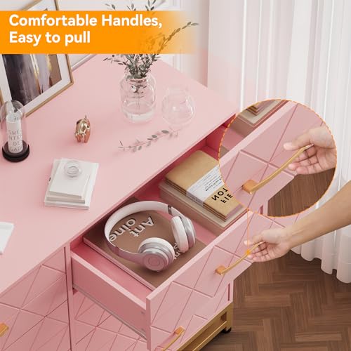 GarveeHome Dresser for Bedroom with 8 Drawer, TV Stand Dressers Chest of Drawers Large Wood Dresser for Storage and Organization (Pink)