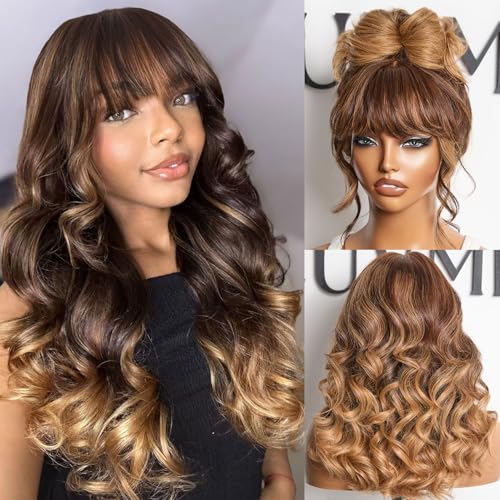 Image of LUVME HAIR 7x6 HD Lace All-Day Comfort Wig with Bangs 200% Density Hair Lace Wigs Ombre Blonde Highlight Loose Body Wave Lace Front Wigs Human Hair Pre Cut Plucked Glueless 18 Inches