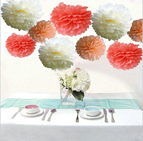 Saitec Pack of 18PCS Mixed Coral Peach Ivory Party Tissue Pom Poms Paper Flower Pompoms Wedding Birthday Party Nursery Decoration