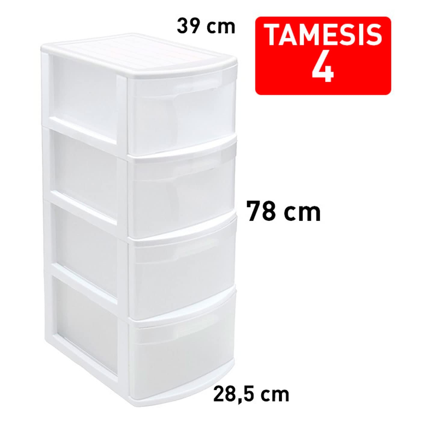 AC - Cajonera de Almacenamiento Tamesis con 4 cajones, Torre de Almacenamiento Multiusos para Oficina, hogar, Escuela, etc. 78 x 28,5 x 39 cm. Color Blanco.