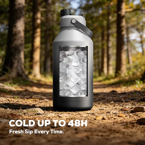 Image of POWCAN 64 oz Insulated Water Bottle with 2-in-1 Straw and Spout Lid, Keep Cold 48H, Leakproof, Carrier Bag, Stainless Steel Sport Water Bottle for Men, Fitness, Outdoors, Gym and Travel (Obsidian)