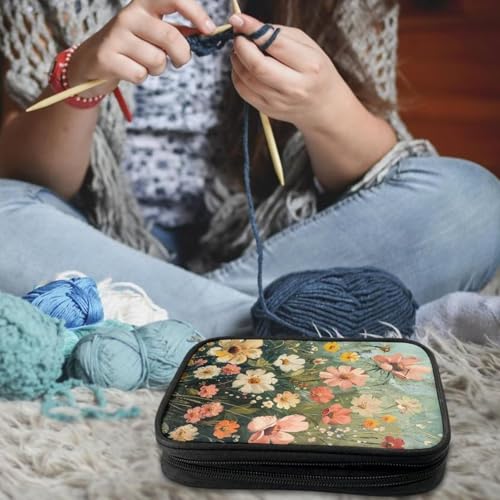 Image of Crochet Hook Case Fancy Floral Crochet Hook Holder Portable Crochet Hook Storage Bag with Web Pockets Suitable for Crochet Needles /Knitting Accessories