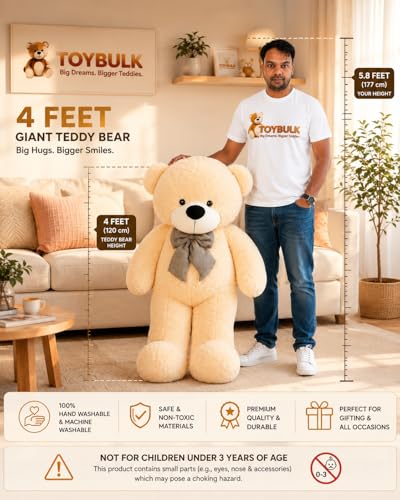 Image of 4 Feet Cream Teddy Bear Original 20mm Dull Cream Fur (48 Inches) Giant Soft Plush Toy | Premium Stuffed Teddy Bear for Kids, Girls, Boys & Loved Ones | Birthday, Anniversary, Valentine