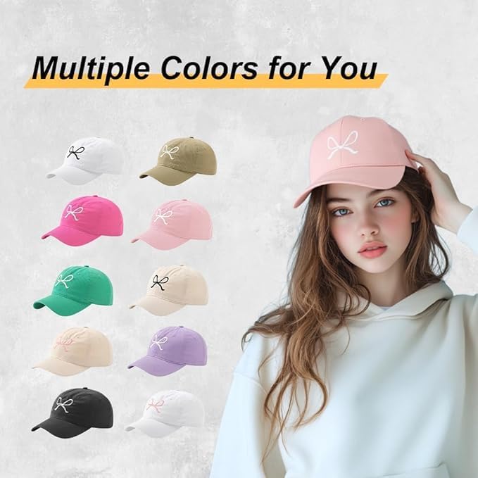 Cute Womens Baseball Caps : Trendy Bow Trucker Hats Unstructured Summer- Washed Cotton Vintage Cap Adjustable - Image 6