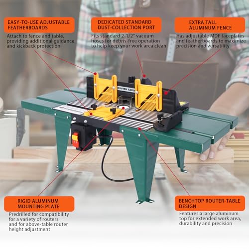 Electric Benchtop Router Table 34 in. x 13.5 in, Universal Benchtop Router Tables Top with Steel Stand, Adjustable Fence, Safety Guard & Miter Gauge for Woodworking, Craftsman Tool (Green) - Image 2