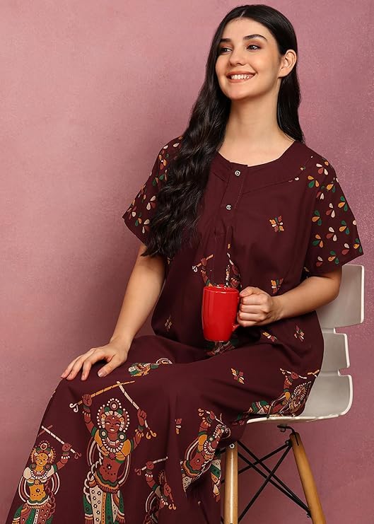 Image of OFEEFAN Women's Cotton Maxi Nightgown with Pockets - Long Soft Sleep Dress, Comfortable Loungewear for Women