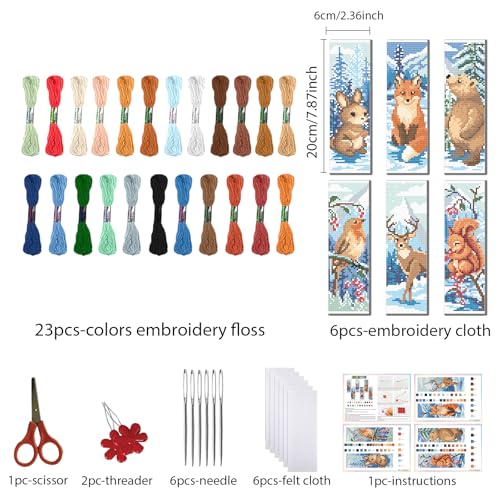 Image of FREEBLOSS 6 Set Cross Stitch Bookmark Kit Winter Animals Pattern Stamped Cross Stitch Kit 11CT Embroidery Kits with Instructions for Beginners Adult 20x6cm /8x2.4inch