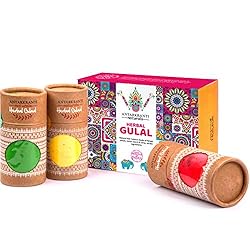 Antarkranti Naturals Hand-Made Maize Starch | Tesu Flowers | Rose | Marigold | Sandalwood | Red Sandalwood | Food Colours Herbal Gulal – Green | Yellow and Red Colour Gift Set – Pack of 3 100gm x 3