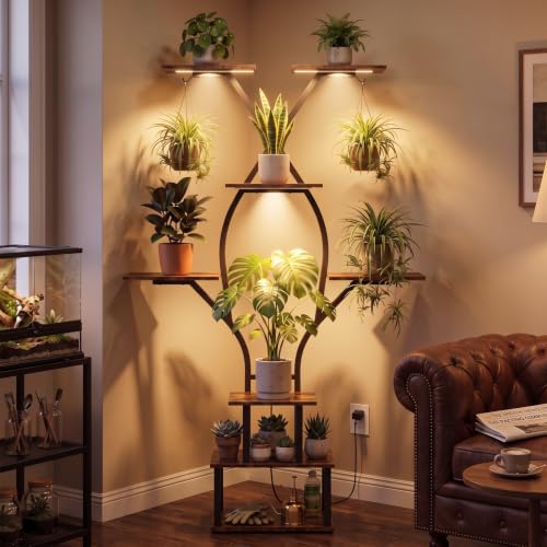 Image of Plant Stand with Grow Lights for Indoor Plants, 8 Tier 65 inch Tall Corner Plant Shelf for Multiple Plants, Curved Metal Flower Rack with Hanging Hooks, Living Room Bedroom Apartment (Black)