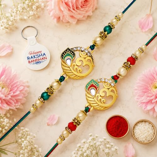 Image of Riddhika Ventures Glorious Gold Plated Religious Diamond Ring Rakhi || Traditional Rakhi Set of 2 & Festive Gift || Rakhi Gift Combo for Brother