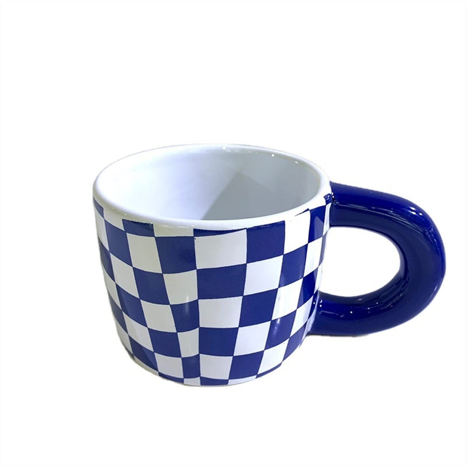 Becher Keramikbecher Unregelmäßige Hand Prise Muster Große Ohrtasse Schachbrett Kaffeetasse Einfache Blume Teetasse Milchbecher 210ML Kaffeetasse (Größe: 210ML, Farbe: Blau Schachbrett)