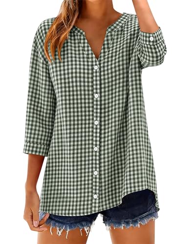 LOMON Cotton 3/4 Sleeve Button Down Shirts for Women Gingham Plaid Striped Tops V Neck Casual Loose Blouse