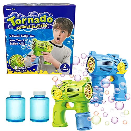 Set Of Two Bubble Shooter Guns Green & Blue Bubble Blaster Toy Gun, 2 Bottles Of Bubble Refill Solution And Batteries Included #TOP2