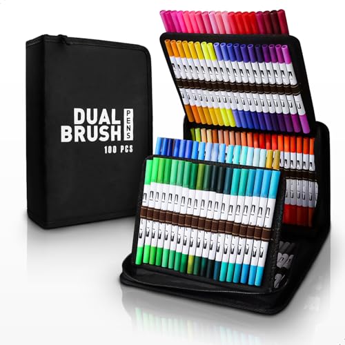 Kit 100 Canetas Coloridas Ponta Dupla Brush Pen + Fina Ideal para Desenho Lettering Bullet Journal Escolar Marcador Estojo Com Ziper Organizador Pasta