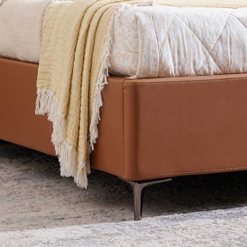 Image of Home Centre | Tiffany Caramel Faux Leather King Size Bed | Solid Wood | Beige | 1 Year Warranty