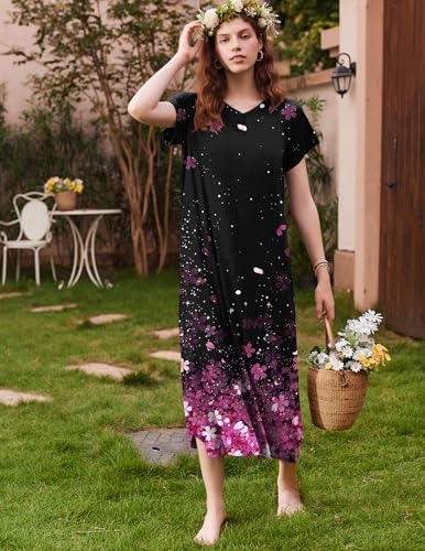 Image of Ekouaer Long Nightgown Women's Loungewear Short Sleeve Sleepwear Full Length Sleep Shirt with Pockets