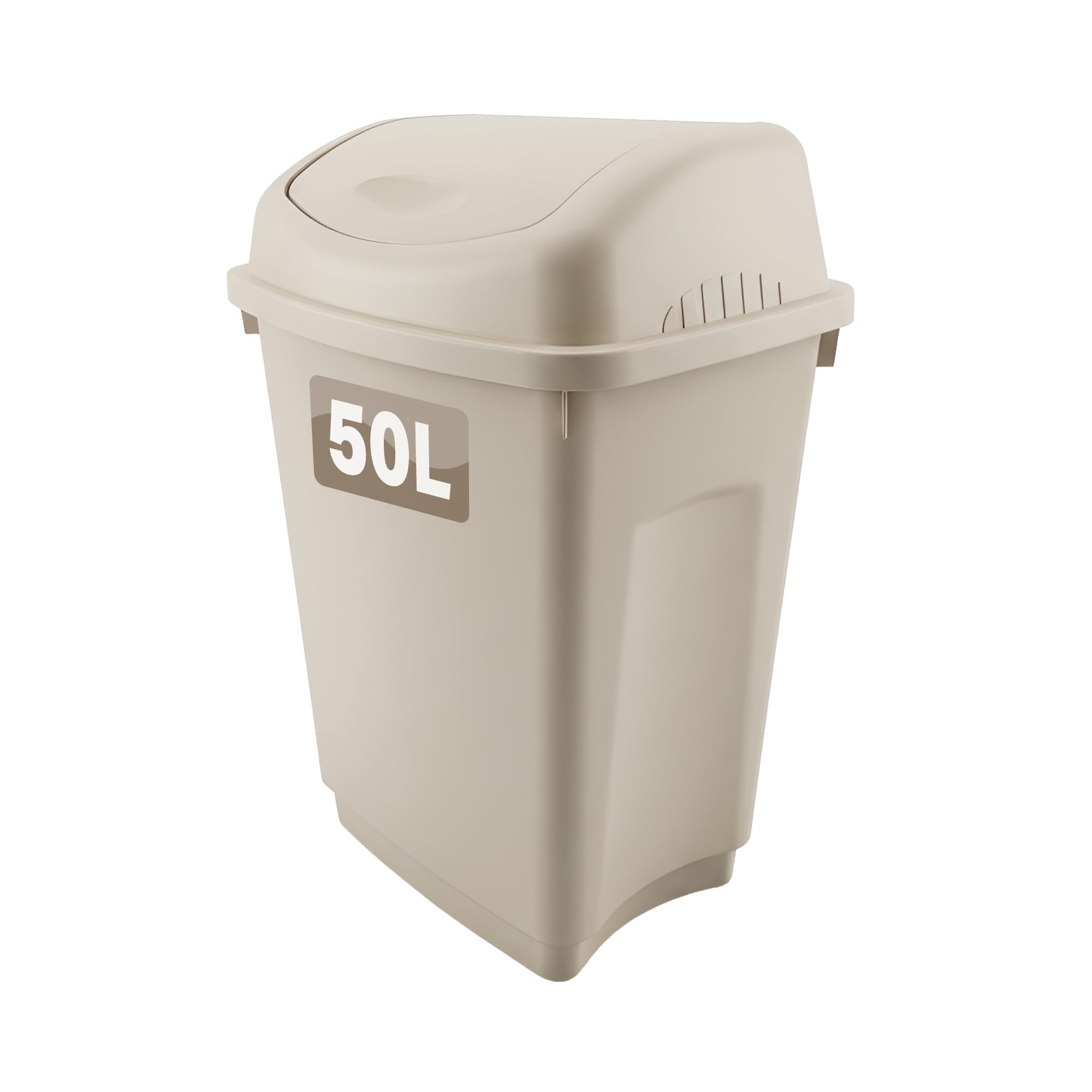 Optimal Products 50 Litre Plastic Swing Bins Home Garage Swing Top Rubbish Waste Bin Office Bedroom Kitchen Paper Dustbin Trash Bin Swing Lid Garden Recycle Bins Taupe