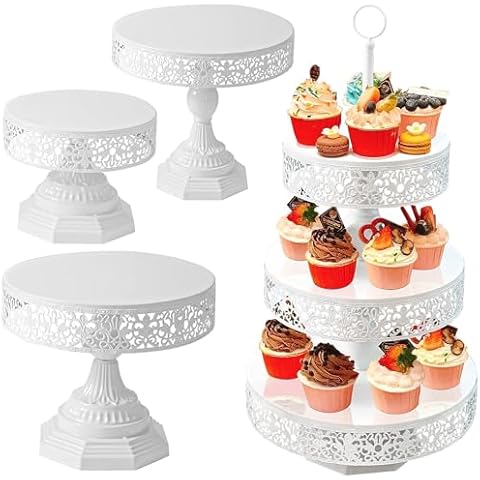 White Cupcake Stand Set - 4 PcsTiered Dessert Table Display Set -3 Tier Metal Serving Tray Round Cake Stand & Dessert Display Stands*3 for Wedding Tea Party Baby Shower Birthday Christmas Decor Cover