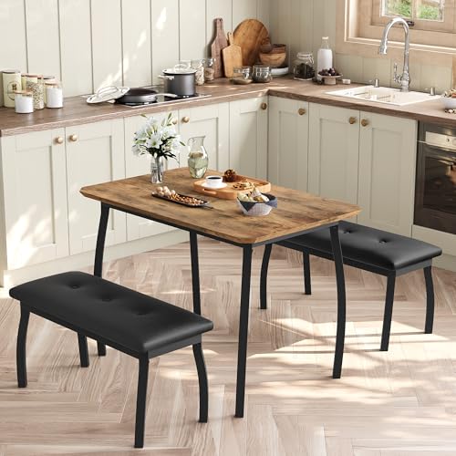 Garvee 43'' Dining Table with 2 Upholstered Benches, Industrial Dining Table Set with Heavy Duty Metal Frame, 3-Piece Kitchen Furniture for Small Spaces, Studio, Restaurant, Home, Retro