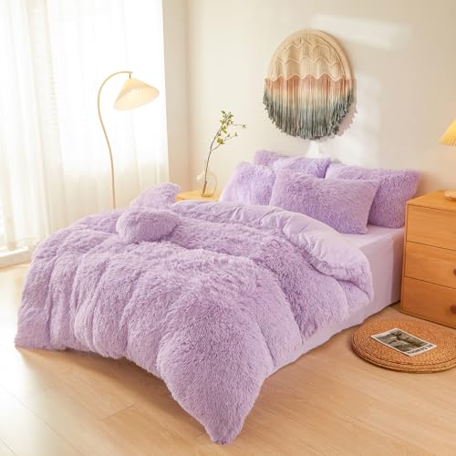Faux Fur Fluffy Lavender Comforter Cover King Set – Plush Faux Fur Lavender Bedding 3-Piece Set (1 Duvet Cover + 2 Furry Pillow Shams) Cozy Bed Set