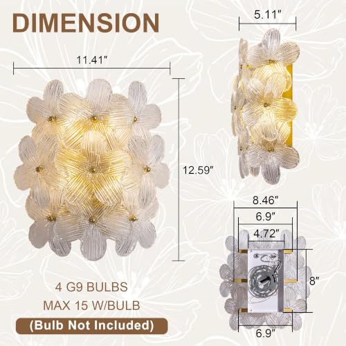 Image of TOCHIC Gold Wall Sconces Set of Two, 4-Light Flower Glass Wall Lights | Dimmable Floral Wall Lamp, Wall Mounted Light, Farmhouse Bathroom Vanity Lights, for Bedroom, Living Room, Staircase, Hallway