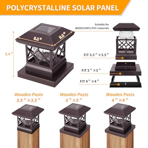 Image of TWINSLUXES LED Solar Fence Post Cap Lights for 3.5x3.5 /4x4 /5x5 Deck Posts, Outdoor Wood or Vinyl, Warm Light (Brown)
