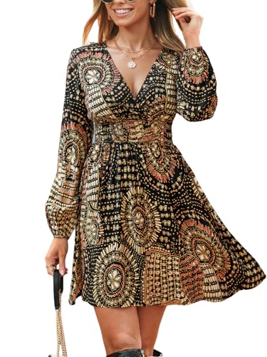 CUPSHE Women's Paisley Printed Fall Mini Dress V Neck Long Sleeve Smocked Waist Flowy Ruffled Vacation Dressss