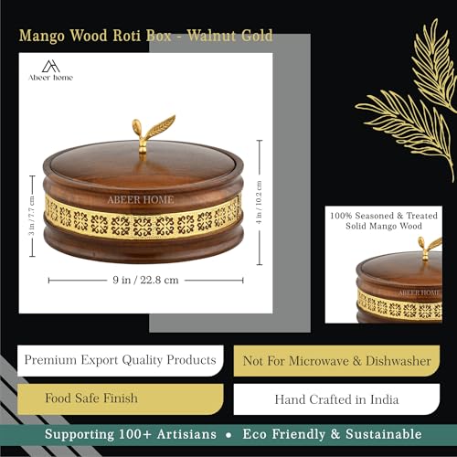 Image of Handcrafted Premium Wooden Roti Casserole, Roti Box, Chapati Box, Hotpot roti Box with Gold Leaf Knob with Lid (9x9x4 Inch)