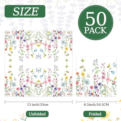 50 Pcs Wildflower Napkins 13 X 13 Inches, Floral Paper Napkins Disposable Flower Cocktail Napkins For Spring Summer Picnic Wedding Baby Shower Birthday Tea Party Decorations