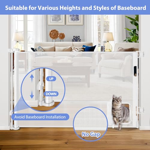 Retractable Baby Gate with Cat Door 55" Wide Retractable Baby Gate for Stairs Mesh Baby Gate with Pet Door Retractable Dog Gate for The House Retractable Pet Gate with Door Safety Gates for Toddlers