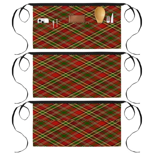 Lot de 3 demi-tabliers de chef écossais multicolores à 3 poches