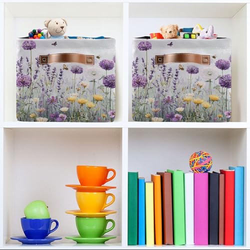 Image of Lavender Fabric Storage Bin, Foldable Organizer Bag for Baby Cloth, Dog Toy, Book Storage Cubes, Shelf Closet Basket - 16x12x8