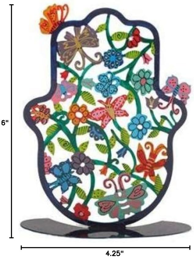 Yair Emanuel | Self Standing Hamsa Hand Jewish Amulet Decor | Hand Painted Butterfly Design | SHS-5
