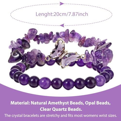 2Pcs Amethyst Beaded Bracelets for Women Stretch Purple Crystal Bead Friendship Bracelet with Butterfly Charms Stretchy Layered Bracelets Jewelry Gifts for Women Best Friend2