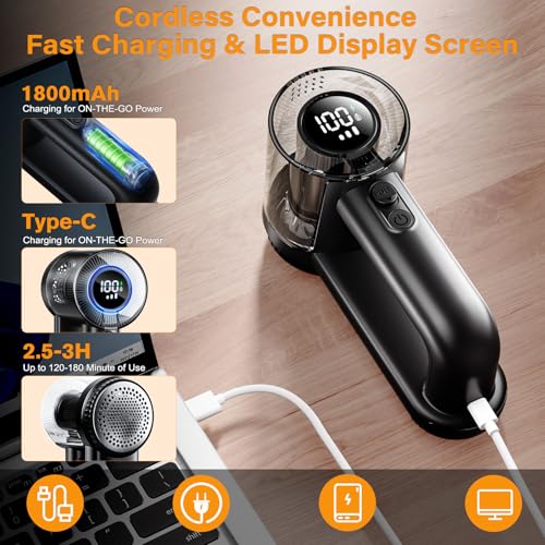 Fusselrasierer Elektrisch, 1800mAh USB Aufladbar Fusselentferner für Kleidung & Möbe, 3 Geschwindigkeiten, LED-Display, Fusselrasierer Elektrisch mit 3 Austauschbar Klingen für Verschiedene Stoffe