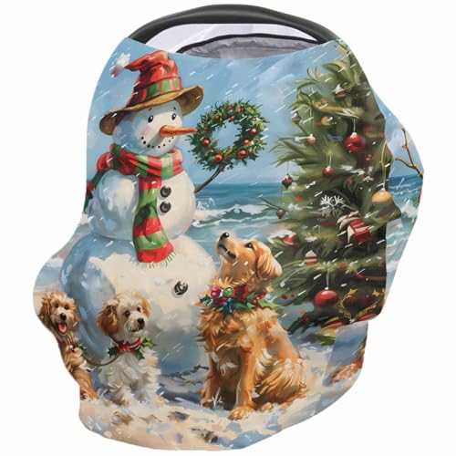 Nursing Cover for Breastfeeding Scarf, Merry Christmas Snowman Dogs Xmas Tree Baby Car Covers Super Soft Multi Use for Canopy Shopping Cart Cover Blanket Stroller Cover