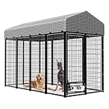 Kicari Large Dog Kennel Outside with Roof, Heavy-Duty Indoor Outdoor Dog Run Dog Enclosure with Removable Cover, Dog Pens Outside Playpen with Latch-Lock & Swivel Feeding Door, 4x8x6 Ft