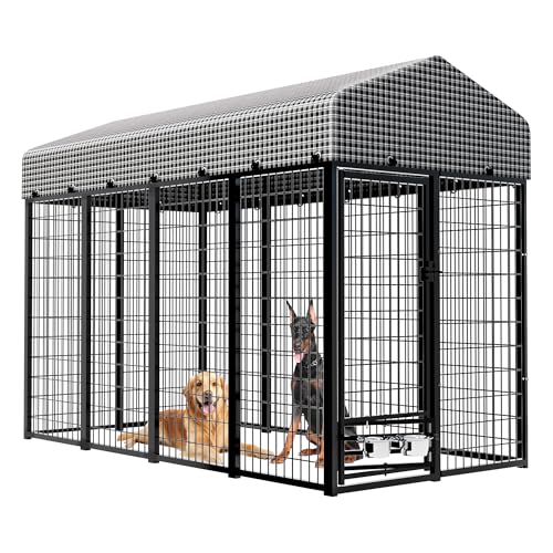 Kicari Large Dog Kennel Outside with Roof, Heavy-Duty Indoor Outdoor Dog Run Dog Enclosure with Removable Cover, Dog Pens Outside Playpen with Latch-Lock & Swivel Feeding Door, 4x8x6 Ft