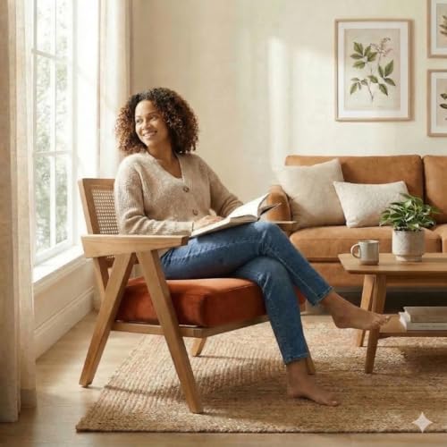 Image of Kingsman Furnitures ABEL Rattan Teak Wood Accent Arm Chair for Home Bedroom, Living, Dining, Drawing Room | Ultra Soft and Comfortable for Stress Free | Removable Cushion (KF-Bronx-BurntOrange-Velvet)
