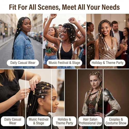 60 Piezas Accesorios de Pelo de Metal en Estilos Variados - Anillos de Puño, Cuentas en Espiral, Botones Dreadlock, Decoraciones de Trenzas, Horquillas para Extensión de Pelo (Oro y Plata) miniatura 6