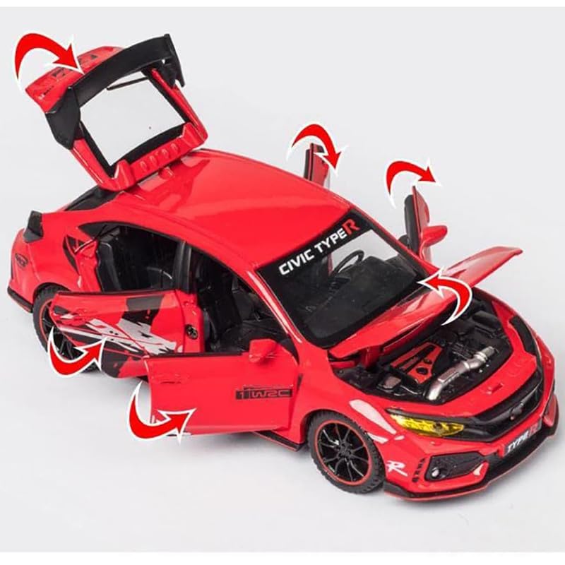 Image of Kids Model 1:32 Civic Type R Die Cast Metal Car Pull Back Action Opening Doors with Realistic Engine Sound Lights Toy Car Gift for Boys - Red