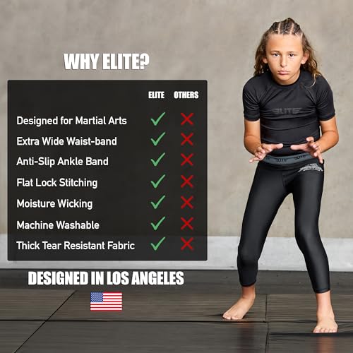 Elite Sports ETP721K Youth Boys Kids Athletic Compression Pants Legging Spat Tight Base Layer Bjj Basketball Soccer Sports Training Black thumb #3