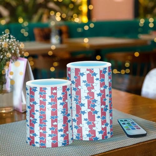 Image of American Flag USA 4th July Red White Blue Star Stripe Flickering Flameless Candles Battery Operated Remote Timer,Tea Light Candles LED Pillar Votive Candles set of 2 for Outdoor Indoor Decoration