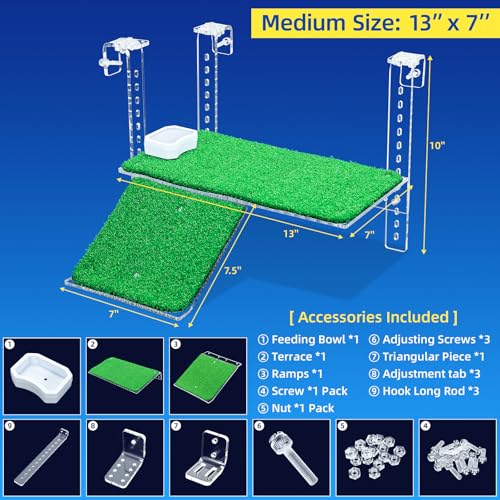 Image of Turtle Basking Platform with Artificial Grass & Adjustable Ramp Non-Slip Large Dock for Aquatic Turtles Fits 0.31 inch-2.11 inch Thick Tanks Durable Acrylic Turtle Tank Accessories 13 Inch