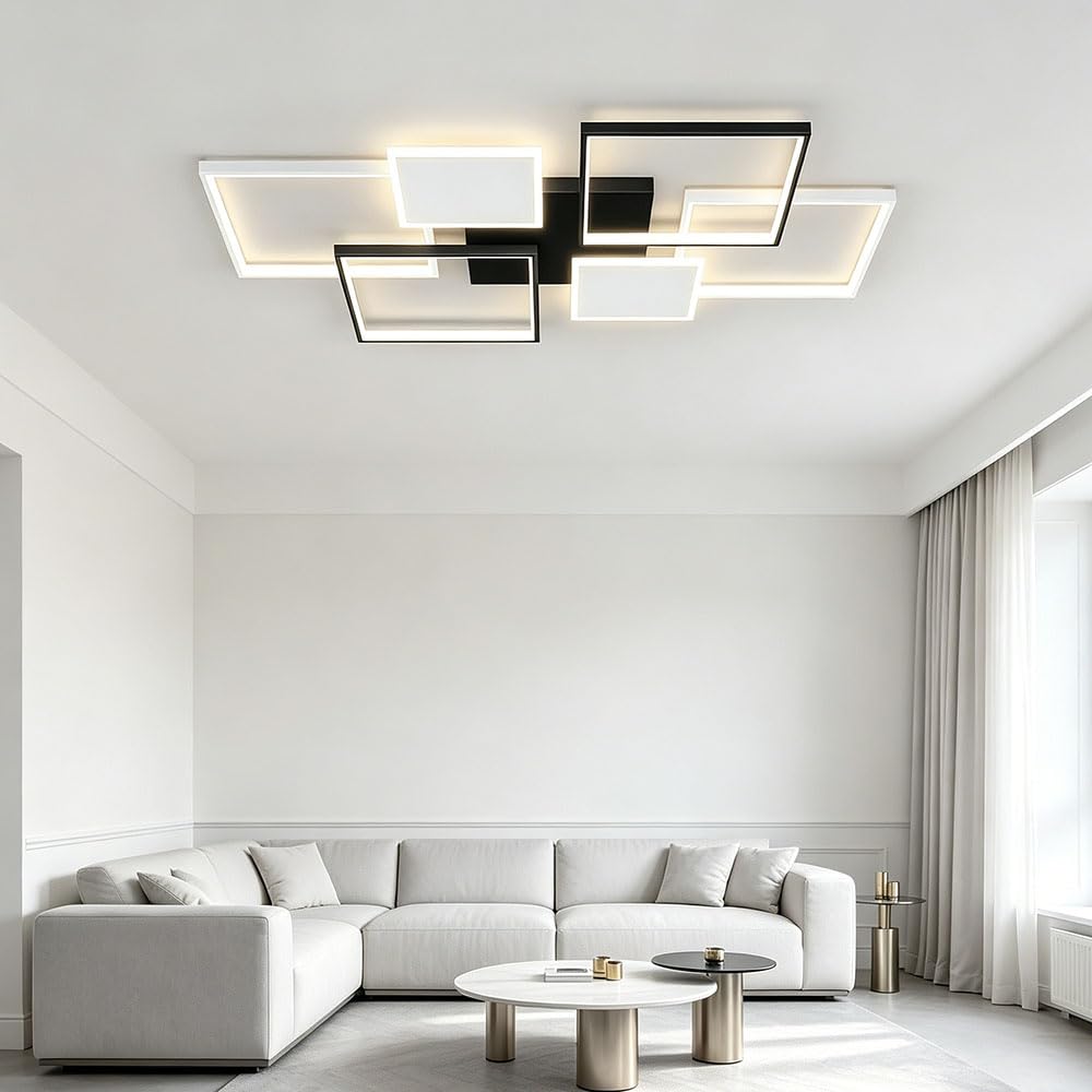 LIUYU Lámpara led de techo salón regulable 90x60cm negro-blanco 75W | Lámpara techo con mando a distancia, 6400lm, diseño rectangular, memoria 3000-6500K, luz de techo salón cocina dormitorio